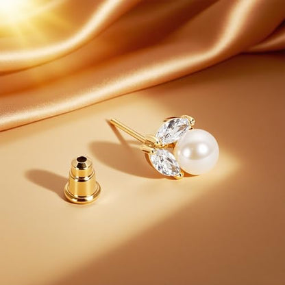 Petite Pearl Drop Earrings for Women - Real Freshwater Cultured Pearls Collection, S925 Sterling Silver Hypoallergenic Posts, 18K Gold Plated Dainty Jewelry - color: White and Golden