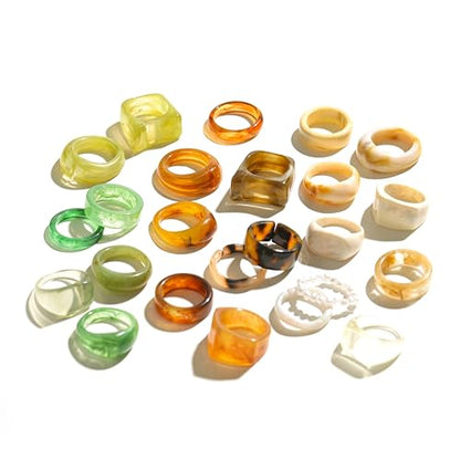 Resin Acrylic Plastic Stackable Rings for Women | Statement Chunky, Trendy Colorful, Knuckle Jewelry, Dome Thick Rings, Bulk Set - color: GreenBrown