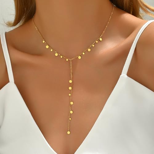 18K Gold Plated Minimalist Drop Y-Shaped Necklace for Women | Simple Lariat Necklace, Minimalist Everyday Jewelry,Y-Shaped Necklace - style: Y Coin Dangle-Gold