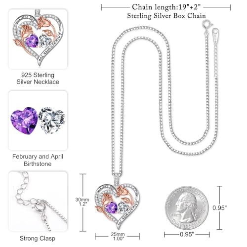 Iefil Birthstone Necklace for Women - Rose Heart Necklace | 925 Sterling Silver, Gift Box Packaging, Anniversary Birthday Gifts for Wife Mom Daughter - color: 02-04-Feb-Apr Birthstone