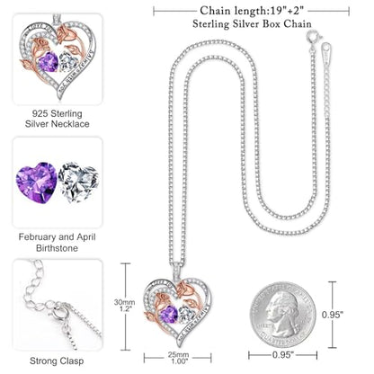 Iefil Birthstone Necklace for Women - Rose Heart Necklace | 925 Sterling Silver, Gift Box Packaging, Anniversary Birthday Gifts for Wife Mom Daughter - color: 02-04-Feb-Apr Birthstone