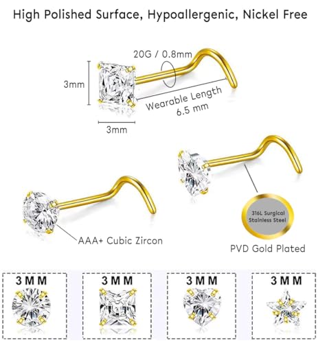 SEEDRILL 8Pcs 20G Nose Rings studs for Woman Hypoallergenic Nose Studs 316L Surgical Steel with Gold Plated Nose Piercings Jewelry 3mm CZ L Shape Nose Rings 20 Gauge Nose Stud Nose Screw Studs - style: 8Pcs/20G/3mm CZ/Screw Shape/Gold-Plated