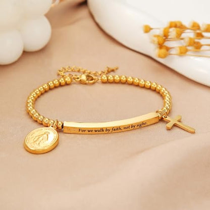 DS Inspirational Bracelet for Women Christian Engraved Bibler Verse Cross Butterfly Daisies Charm Bracelet, Exquisite Stainless Steel Jewelry Daughter Best Friend Bestie - style: For we walk by faith, not by sight.-Gold