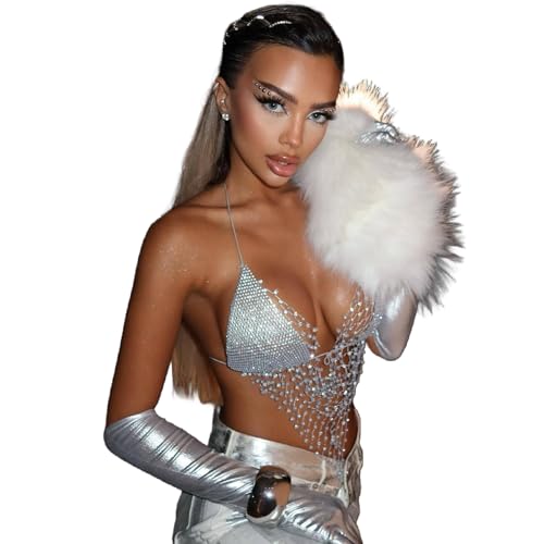 Bikini Rhinestone Mesh Top Shirt Crystal Bra Body Chain Festival Rave Crop Tank Top Summer Beach Underwear for Women - color: Silver