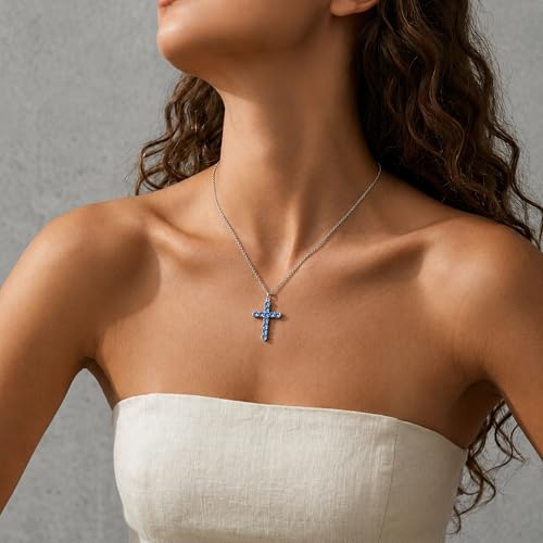 Cross Necklace for Women, Silver Cross Pendant Necklaces | 14K Gold Plated, Dainty CZ Cross Necklace, Non Tarnish and Hypoallergenic Jewelry for Women, Christian Religious Faith Gifts - color: 10-Silver-Blue