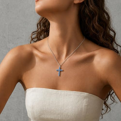 Cross Necklace for Women, Silver Cross Pendant Necklaces | 14K Gold Plated, Dainty CZ Cross Necklace, Non Tarnish and Hypoallergenic Jewelry for Women, Christian Religious Faith Gifts - color: 10-Silver-Blue