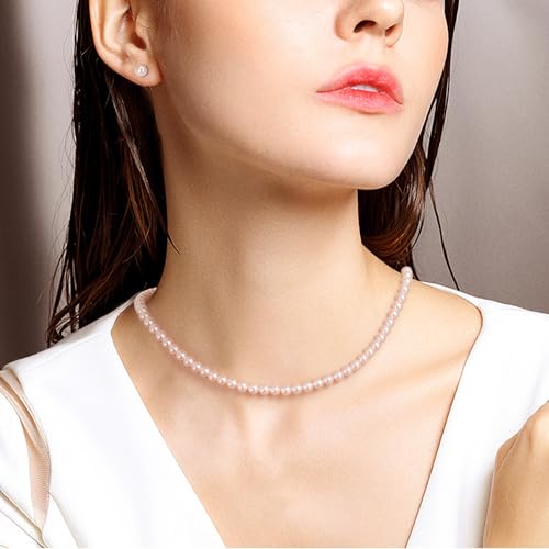 EVER FAITH Dainty Round Imitation Pearl Strand Necklace Stud Earrings Delicate Wedding Costume Prom Faux Pearls Jewelry for Women Bride - color: Pink Pearl, size: 6mm