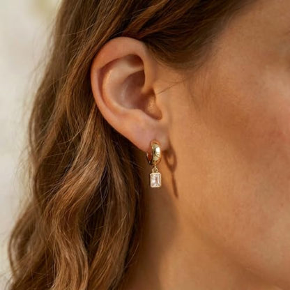 Gold Chunky Dangle Earrings for Women, Bezel Set Cubic Zirconia Charm | 14K Gold Silver Plated, Statement Huggie Hoops Drop Earrings, Trendy Jewelry Gifts, High Grade CZ, Hypoallergenic Lightweight - color: GD-Rectangular CZ Hoop
