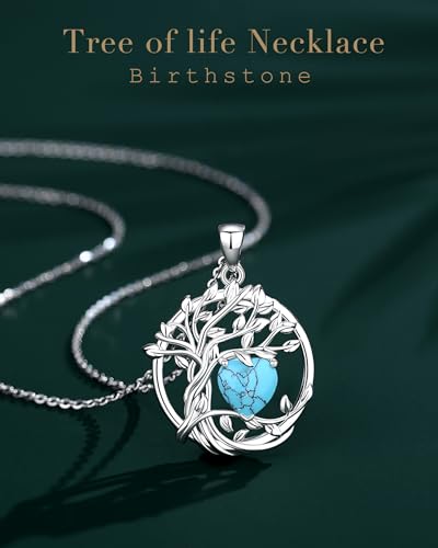 FANCIME Tree of life Birthstone necklace Sterling Silver Pendant Birthstone Necklace Gemstone Anniversary Birthday Jewelry Mothers Day Gifts for Mom Her Wife - color: Dec.-Turquoise