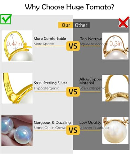 HUGE TOMATO 925 Sterling Silver Simulated Shell Pearl Earrings for Women Trendy, Big Pearl Drop Earrings Leverback Stud,18K Gold Plated Large Pearl Hoop Dangle Hypoallergenic Jewelry 14mm - color: Purple