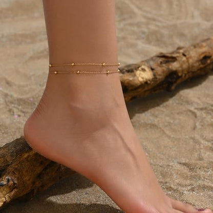 18K Gold Plated Boho Beaded Anklets for Women Dainty Gold Layered Round Ball Ankle Bracelet Pearl Cross Anklet Bracelet Waterproof Gold Jewelry - color: 2Layered Beads-Gold