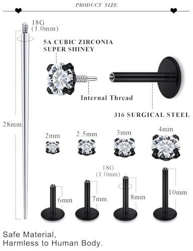 18G 16G Internal Thread Flat Back Nose Stud Earrings Surgical Steel Conch Tragus Cartilage Medusa Monroe Labret Lip Rings Piercing Jewelry for Women Men CZ Silver Black Gold Hypoallergenic - color: Black, size: 18g