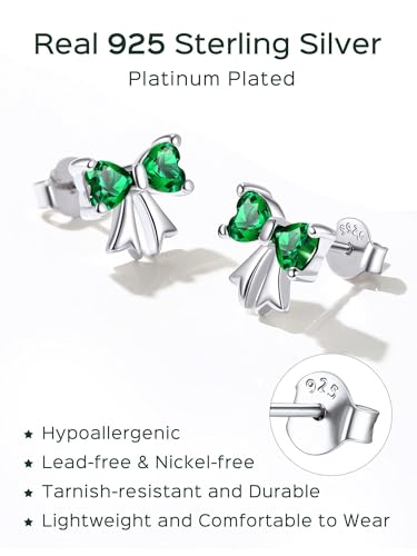 ChicSilver 925 Sterling Silver Bow/Butterfly Earrings for Women Hypoallergenic Birthstone Earrings Dainty Bow/Butterfly Jewelry Gift for Women - color: Bow-May-Emerald