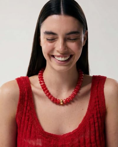 Chunky Beaded Necklace for Women Boho Statement Bead Necklace Adjustable Choker with Polished Disc/Square Beads Trendy Summer Beach Jewelry Gifts - color: Red