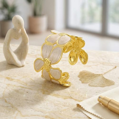 18K Gold Plated White Enamel Cuff Bracelet for Women - color: flower1
