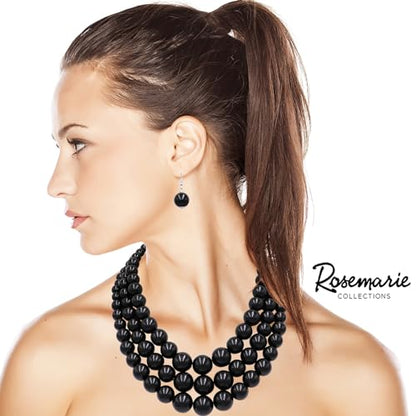 Rosemarie & Jubalee Women's 3 Colorful Multi Strands Simulated Pearl Necklace And Earrings Jewelry Gift Set, 18"+3" Extender - color: Jet Black Silver Tone