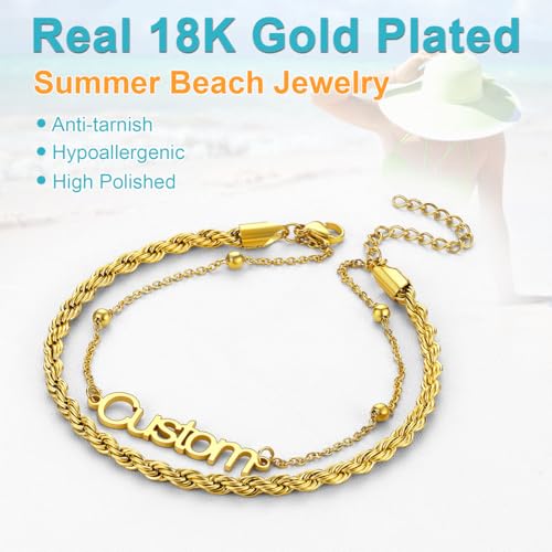 U7 Custom Layered Ankle Bracelets for Women Stainless Steel Bead/Cuban/Figaro/Rope/Wheat Chain Anklet Waterproof Anklet Jewelry for Beach Vacation - color: a-Gold Plated-Rope Chain