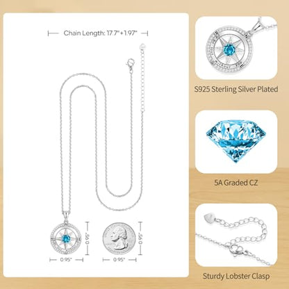 Peeshow Compass Birthstone Necklace for Women Wife, S925 Sterling Silver Gift for Wife Wedding Anniversary Birthday Gifts for Women Jewelry for Her Girlfriend I'd be Lost without You - style: 12-Dec-Turquoise