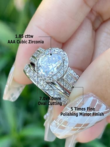 CEJUG 3Ct Princess Wedding Rings for Women Engagement Ring Set Bands 18k White Gold Plated Halo Cz Size 6-10 - color: White Oval