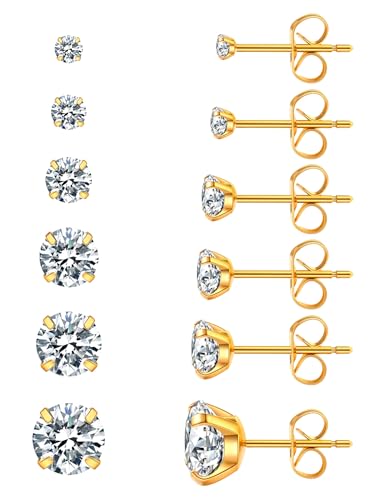 6 Pairs Stud Earrings Set, Hypoallergenic Cubic Zirconia 316L Earrings Stainless Steel CZ Earrings 3-8mm (Steel color) - color: A-002-gold