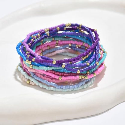 Cute Handmade Colorful Tiny Seed Beads Stackable Bracelets Set Bohemian Gold Beaded Elastic Multilayered Stretch Bracelet for Women Rainbow Surfer Boho Beach Jewelry - style: Set B