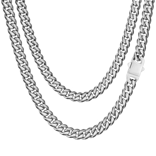 Miami Cuban Link Chain Necklace for Men Women Gold Plated Silver Black Stainless Steel Curb Chain Necklace 5mm/7mm/8mm/9mm/12mm/14mm Width 18 to 30 inch Secure Clasp Hip Hop Jewelry Gifts for Men - color: a. 8mm width-Silver, size: 24inch