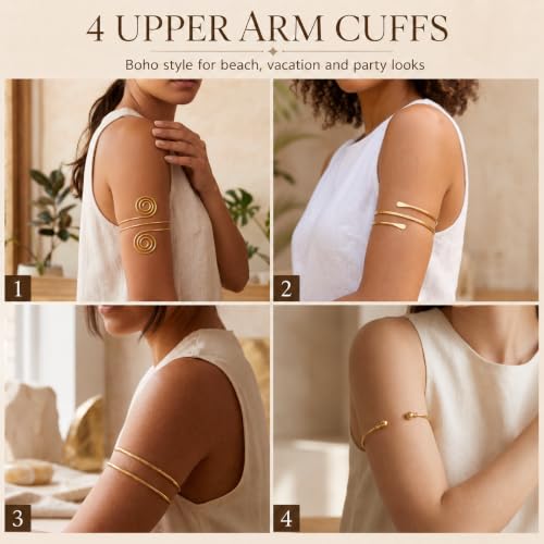 11PCS Gold-Tone Jewelry Set for Women, Includes 4 Upper Arm Cuffs, 2 Hand Chain Bracelets and 5 Bracelets for Women, Boho Disign for Beach, Vacation, Festival and Party Looks