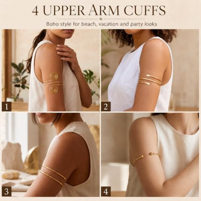 11PCS Gold-Tone Jewelry Set for Women, Includes 4 Upper Arm Cuffs, 2 Hand Chain Bracelets and 5 Bracelets for Women, Boho Disign for Beach, Vacation, Festival and Party Looks