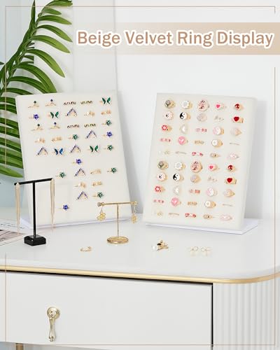 4 Pcs Velvet Ring Display 50 Slots L-Shaped Ring Display Stand Tray Holder for Selling Earring Jewelry - color: Beige