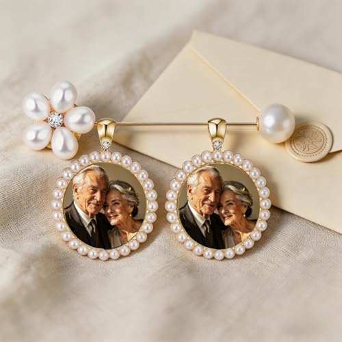 Memorial Photo Charm for Wedding Bouquet, Pearl Gold Brooch Picture Pendant, Bridal Bouquet Charm Keepsake Gift for Bride, Antique Boutonniere Jewelry