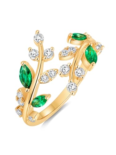 Silver Leaf Ring for Women 925 Sterling Silver Yellow Gold Plated CZ Inlaid Marquise Sapphire/Ruby/Emerald Cocktail Rings Size 6 to 10 - color: Emerald - Gold