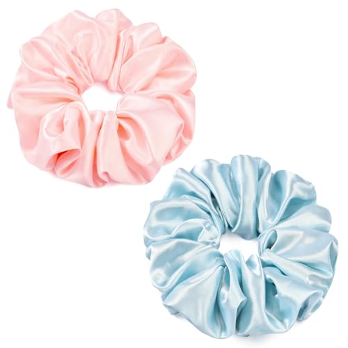 2 PCS Blue Pink Jumbo Satin Silky Scrunchies 6.5 Inches Oversized Scrunchie Extra Large Big Hair Ties Ponytail Holder for Thick Curly Hair Women (Light Blue, Pink) - color: Light Blue, Pink