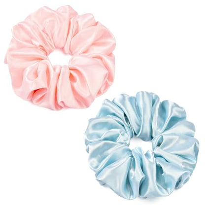 2 PCS Blue Pink Jumbo Satin Silky Scrunchies 6.5 Inches Oversized Scrunchie Extra Large Big Hair Ties Ponytail Holder for Thick Curly Hair Women (Light Blue, Pink) - color: Light Blue, Pink