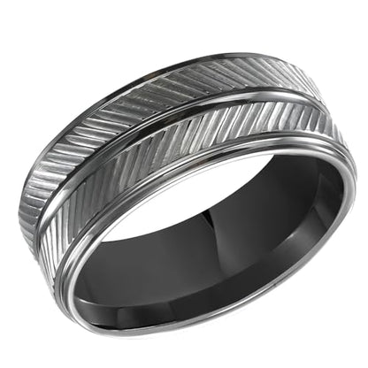 Brilliant Expressions Men’s 9mm Black Tungsten Carbide Wedding Band, Textured Matte Finish, Step Edges, Comfort Fit