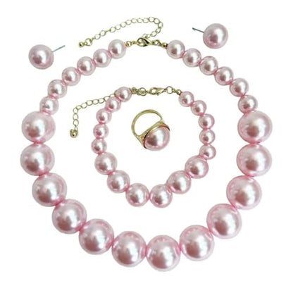 Chunky Beaded Jewelry Set, Necklace Earrings Bracelet Ring for Women Party | Simulated pearl jewelry set, necklace earrings bracelet & ring. Elegant chunky beaded, ideal gift for wedding and daily wear. - color: Pink