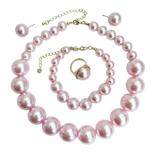 Chunky Beaded Jewelry Set, Necklace Earrings Bracelet Ring for Women Party | Simulated pearl jewelry set, necklace earrings bracelet & ring. Elegant chunky beaded, ideal gift for wedding and daily wear. - color: Pink