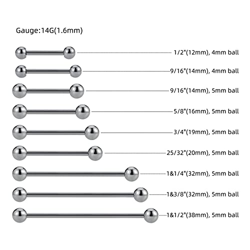 14G ASTM F136 Titanium Straight Barbell Rings for Nipple/Tongue/Dimply/Industrial - Internally Threaded Hypoallergenic Body Piercing Jewelry Gift for Women & Men, Nickel Free, Lead-Free - color: 14G(1.6mm), 7/8"(22mm), 5mm top