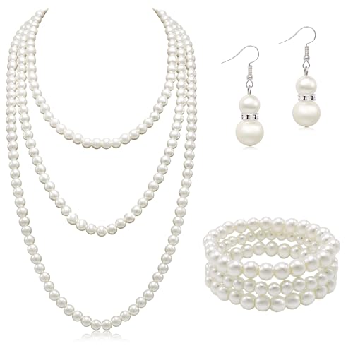 Long Pearl Necklaces for Women Cream White Faux Pearl Strand Layered Necklace Costume Jewelry - color: 3PCS-Necklace,Bracelet,Earring