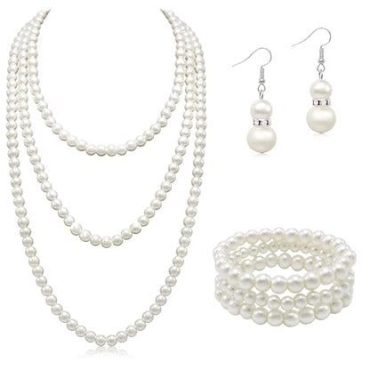 Long Pearl Necklaces for Women Cream White Faux Pearl Strand Layered Necklace Costume Jewelry - color: 3PCS-Necklace,Bracelet,Earring