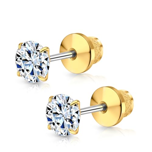 Limerencia Moissanite Stud Earrings, F136 Titanium Screw Back Earrings, D Color VVS1 Clarity Lab-created Moissanite Earrings, Hypoallergenic G23 Pure Titanium for Women Men Sensitive Ears - color: Gold, size: 5mm