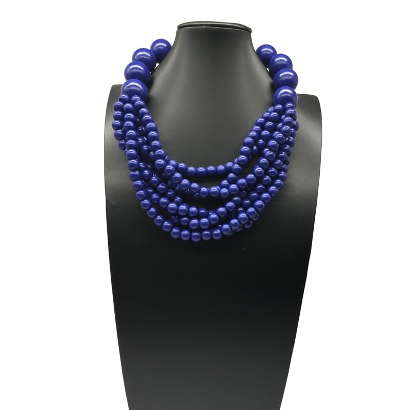 COLORFUL BLING Boho African Wooden Beaded Strands Necklace Ethnic Layered Chunky Collar Choker Wood Necklace for Women Hip Hop Statement Jewelry - color: dark blue