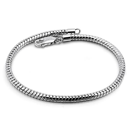 Dankadi Italy Smooth 3MM 4MM Round Snake Chain Bracelet Solid 925 Sterling Silver Men Women 6.3" 6.7" 7" 7.5" 8" 8.5" 9" 9.5" Bangle Charm Jewelry Gift - color: 3MM, size: 9.5 inches