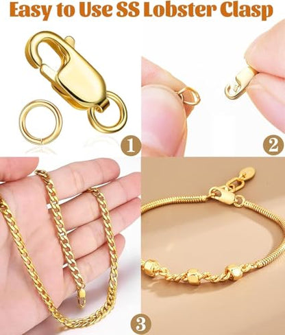 Kcctoo Silver Lobster Claw Clasp with Closed Jump Rings 14K Gold Necklace Clasps and Closures for Jewelry Making, Made in Italy 12mm(0.47inch) - color: 4pcs - Gold