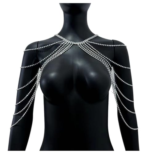 Rhinestone Shoulder Chain Jewelry,Multilayer Arm Tassel Chain Festival Rave Crystal Shoulder Chain Bridal Wedding Back Chain Necklace for Women - color: Silver