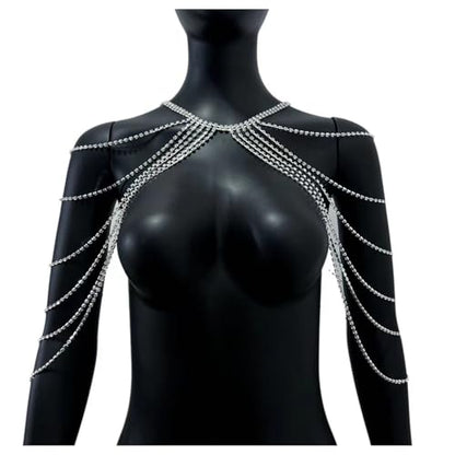 Rhinestone Shoulder Chain Jewelry,Multilayer Arm Tassel Chain Festival Rave Crystal Shoulder Chain Bridal Wedding Back Chain Necklace for Women - color: Silver