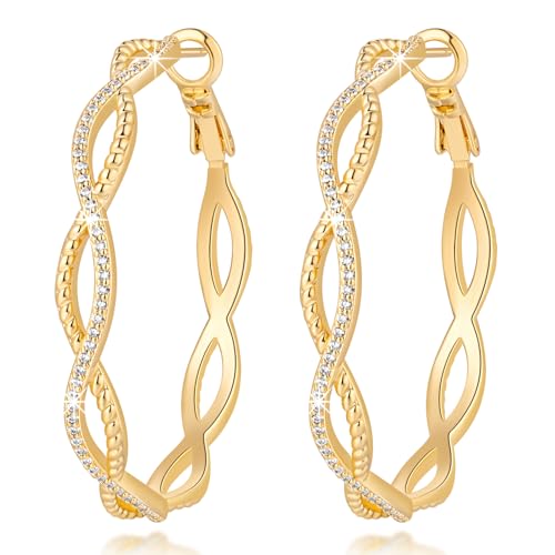 Gold Hoop Earrings for Women 14K Gold Earrings for Women | Twist CZ Gold Hoop Earrings 14K Gold Hoop Earrings Hypoallergenic Lightweight Gold Hoop Earrings for Women 20/25/30/40/50mm - size: 40MM