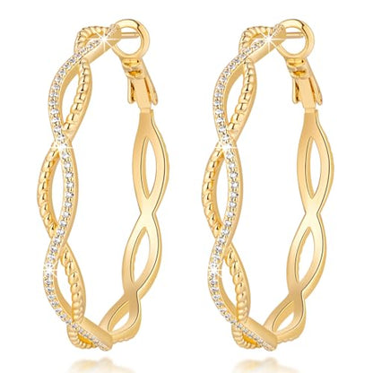 Gold Hoop Earrings for Women 14K Gold Earrings for Women | Twist CZ Gold Hoop Earrings 14K Gold Hoop Earrings Hypoallergenic Lightweight Gold Hoop Earrings for Women 20/25/30/40/50mm - size: 40MM