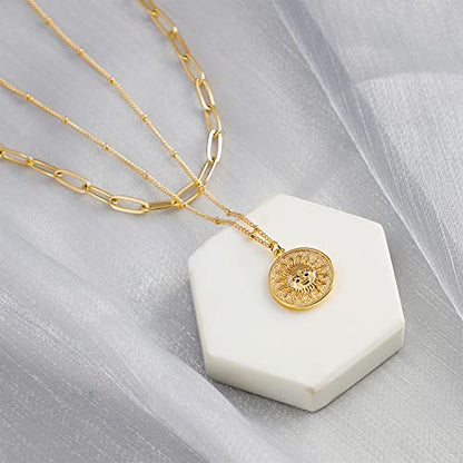 MEVECCO Layered Heart Necklace Pendant Handmade 18k Gold Plated Dainty Gold Choker Arrow Bar Layering Long Necklace for Women - style: Layer Sun Face