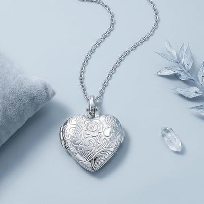 YOUFENG Love Heart Locket 14K Gold-Filled Oval Circle Rectangle Lockets that Hold Pictures Floral Patterns Necklace for Women - style: Silver Heart