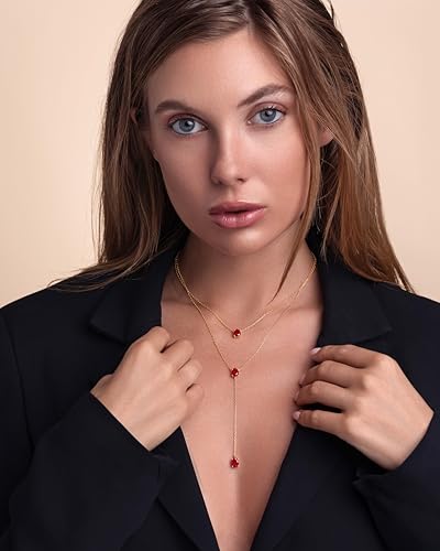 SNGIA Long 18K Gold Plated Blue Green Red Layered Pendant Necklace For Women (Emerald, Ruby, Seafoam, Sky, Sapphire, Pink), Dainty Birthstone Necklace, Statement Necklace Jewelry Gifts. - style: Ruby